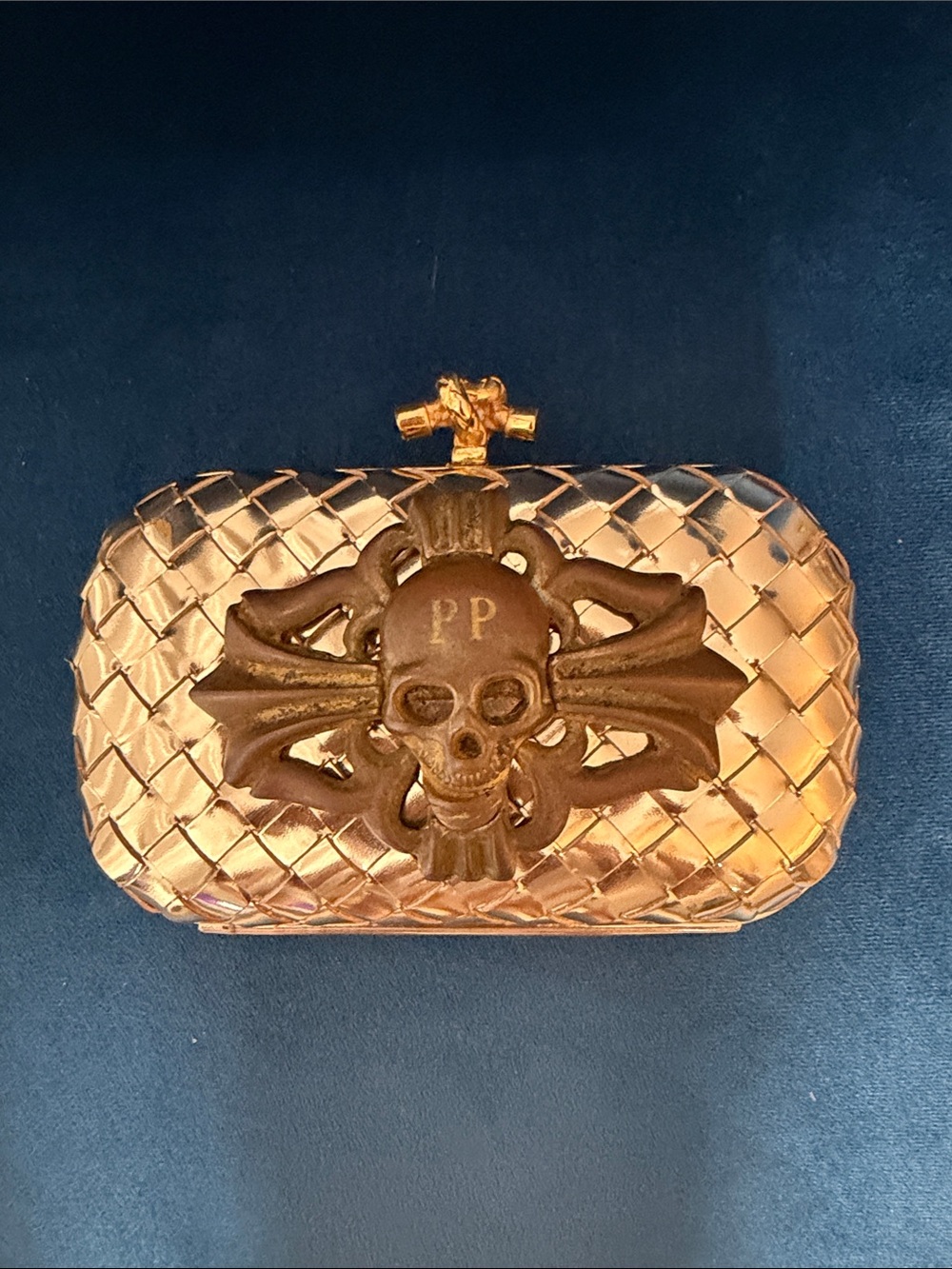 Gold Woven Skull Clutch with Raised Skull Emblem Phillipp Plein